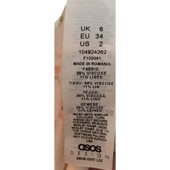 Asos Mini Dress Women's Size 2 White Orange Floral Sleeveless Linen Blend - Picture 7 of 7